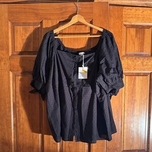 LC Lauren Conrad Black Square-Neck Puff Sleeve Blouse